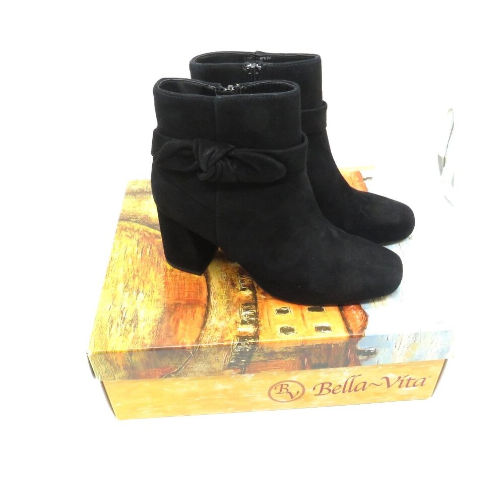 Bella Vita Women's Black Suede Ankle Boots Side Bow Block Heel Size 6.5 NEW